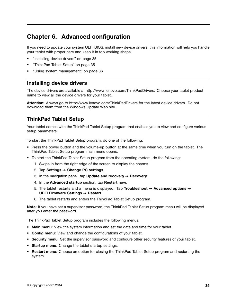 Chapter 6. advanced configuration, Installing device drivers, Thinkpad tablet setup | Lenovo ThinkPad 8 User Manual | Page 43 / 74