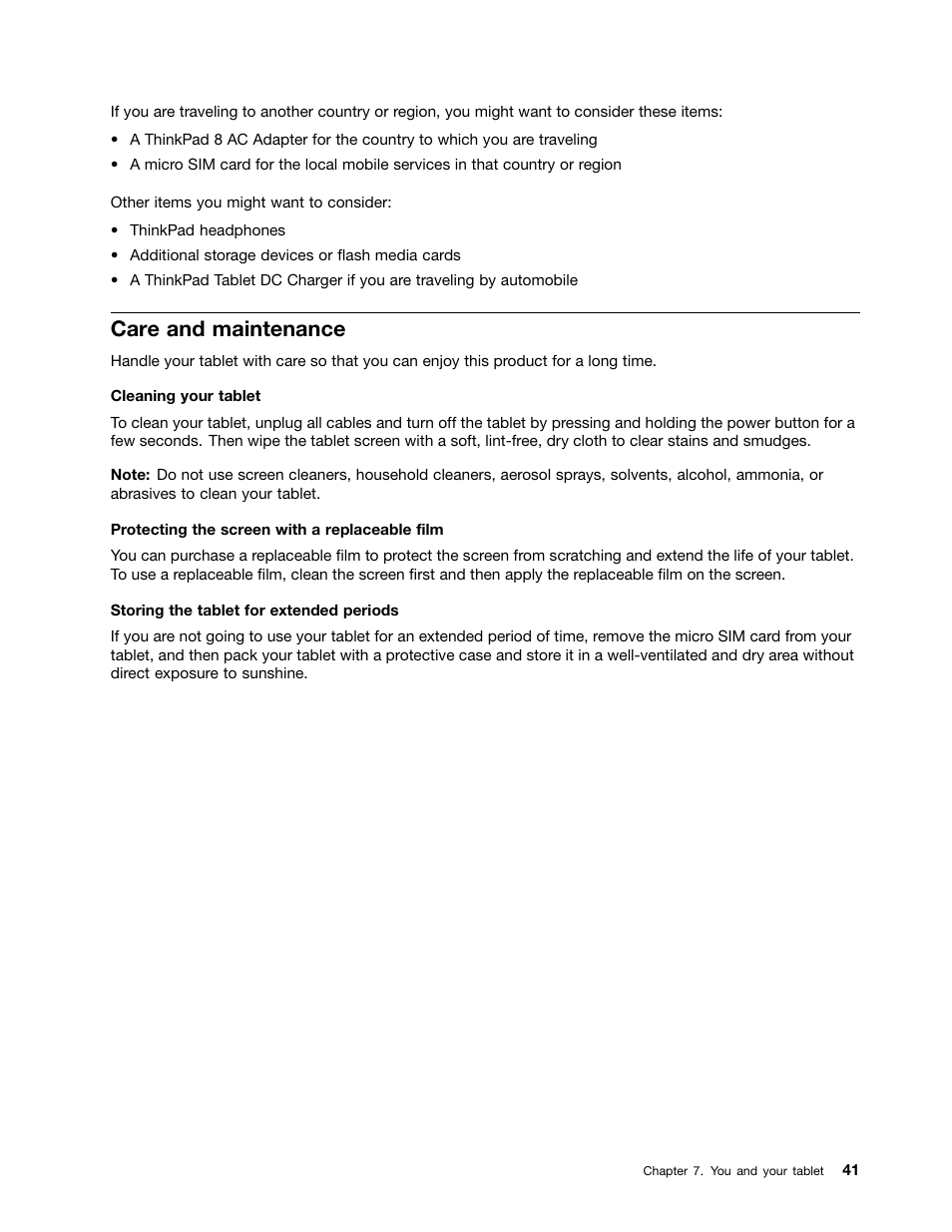 Care and maintenance | Lenovo ThinkPad 8 User Manual | Page 49 / 74