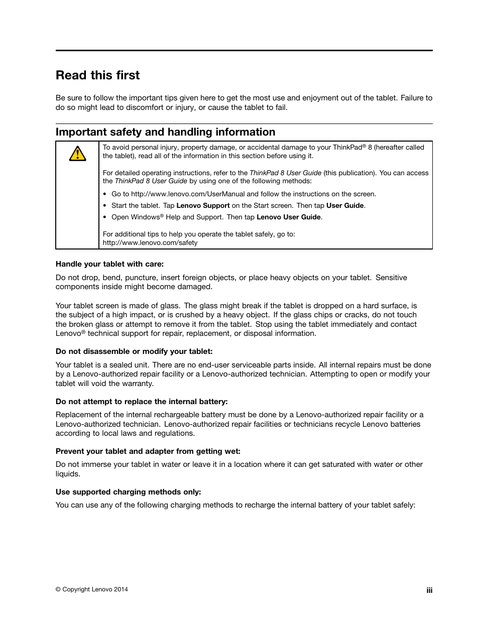 Read this first, Important safety and handling information | Lenovo ThinkPad 8 User Manual | Page 5 / 74