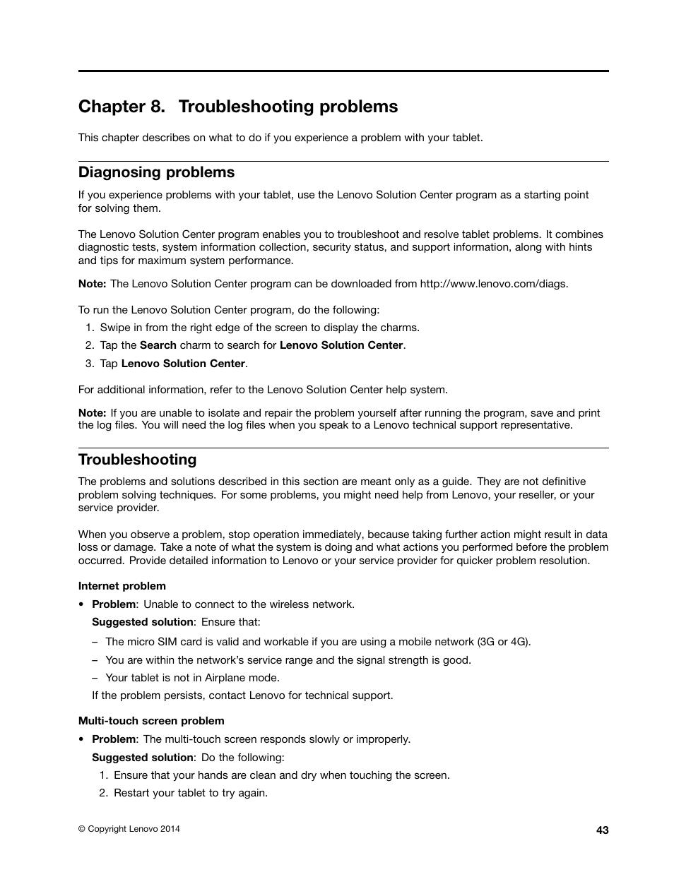 Chapter 8. troubleshooting problems, Diagnosing problems, Troubleshooting | Lenovo ThinkPad 8 User Manual | Page 51 / 74