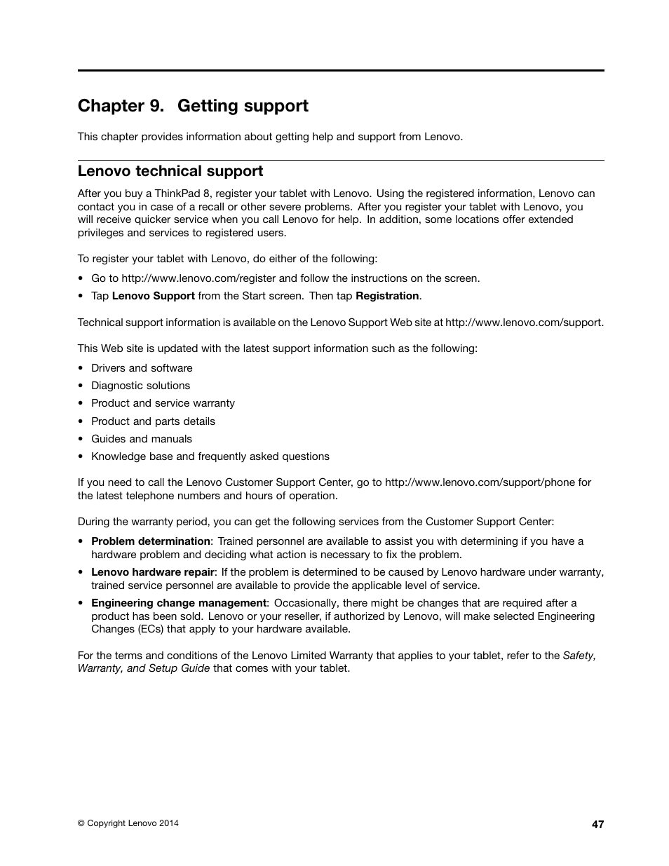 Chapter 9. getting support, Lenovo technical support | Lenovo ThinkPad 8 User Manual | Page 55 / 74