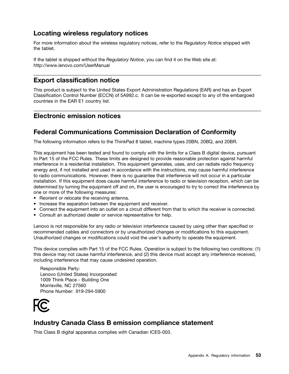 Locating wireless regulatory notices, Export classification notice, Electronic emission notices | Lenovo ThinkPad 8 User Manual | Page 61 / 74