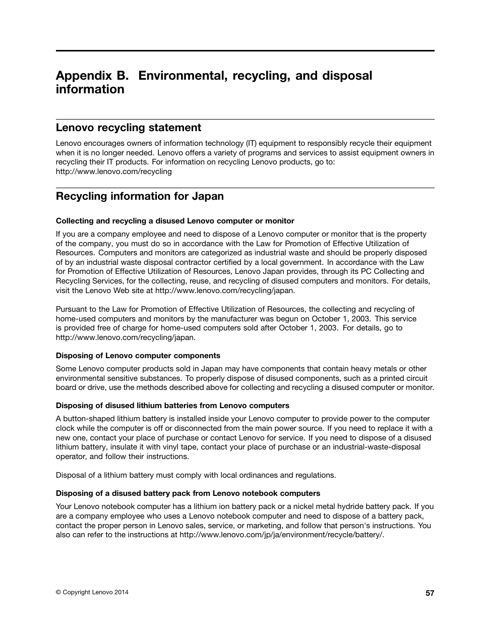 Lenovo recycling statement, Recycling information for japan | Lenovo ThinkPad 8 User Manual | Page 65 / 74