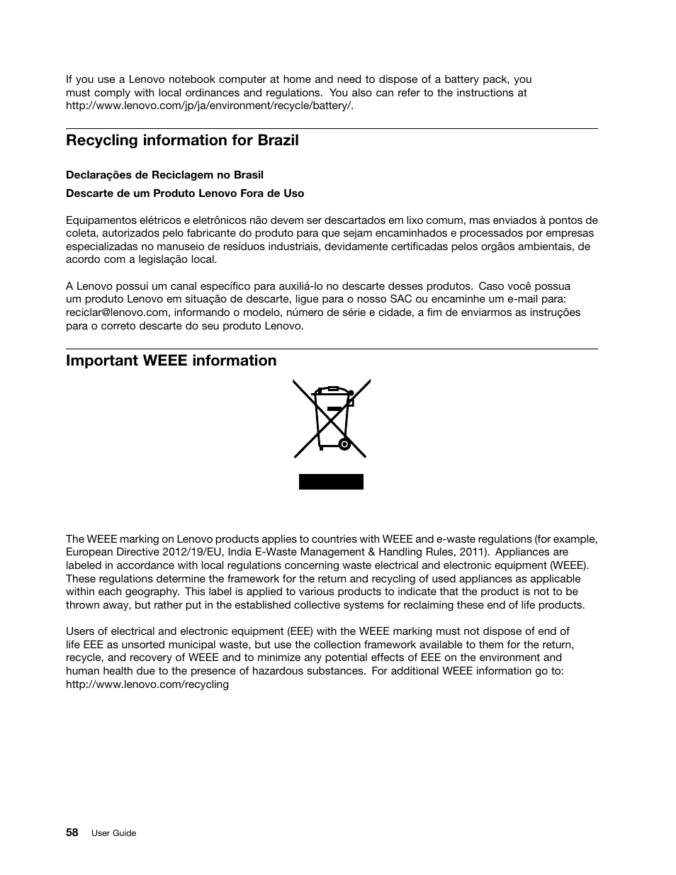 Recycling information for brazil, Important weee information | Lenovo ThinkPad 8 User Manual | Page 66 / 74