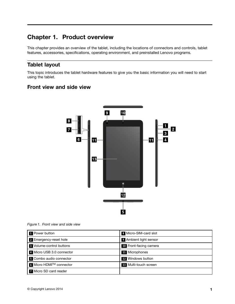 Chapter 1. product overview, Tablet layout, Front view and side view | Lenovo ThinkPad 8 User Manual | Page 9 / 74