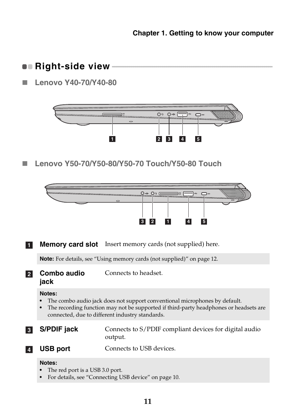 Right-side view | Lenovo Y40-70 User Manual | Page 17 / 38