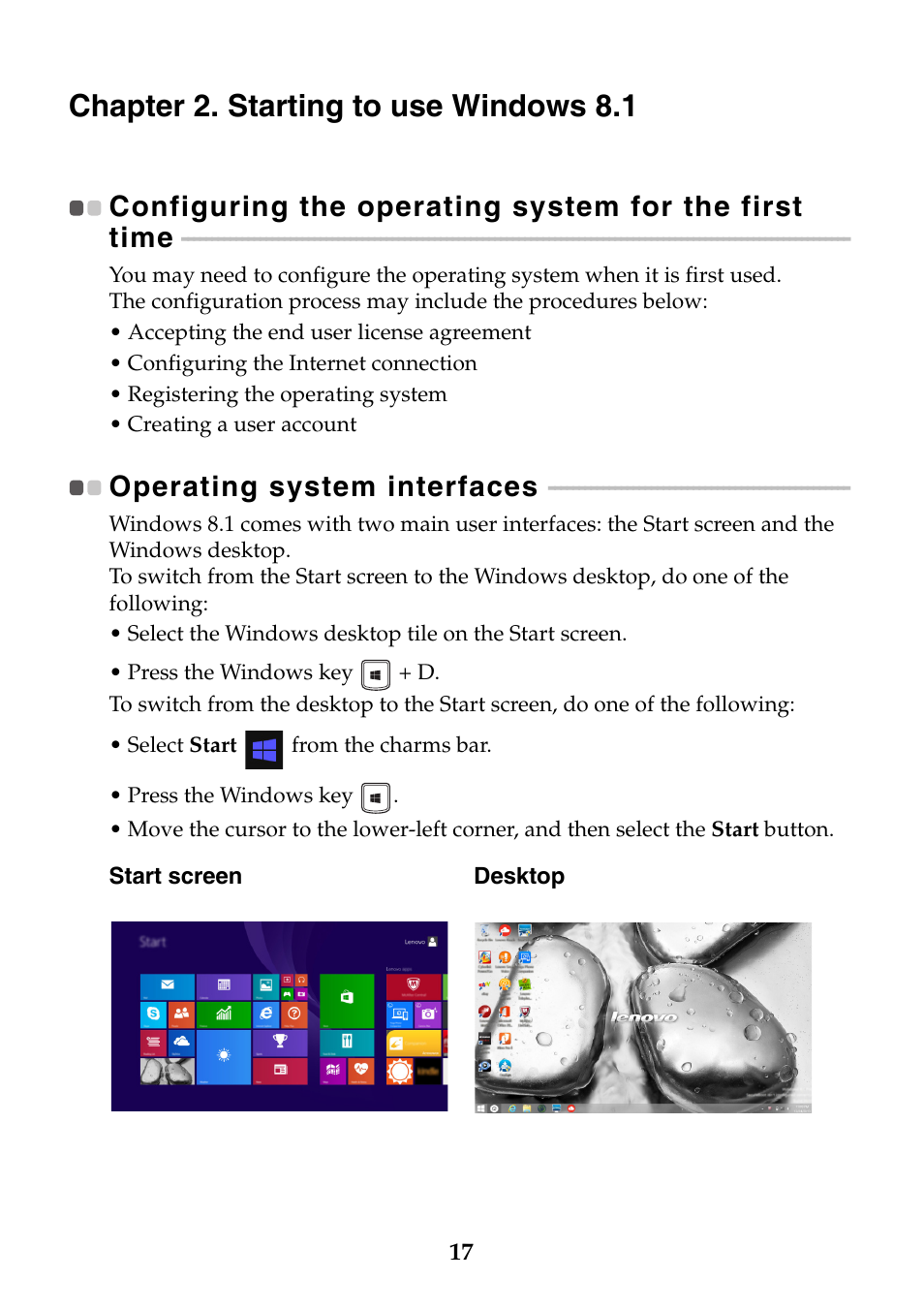 Chapter 2. starting to use windows 8.1, Operating system interfaces | Lenovo Y40-70 User Manual | Page 23 / 38