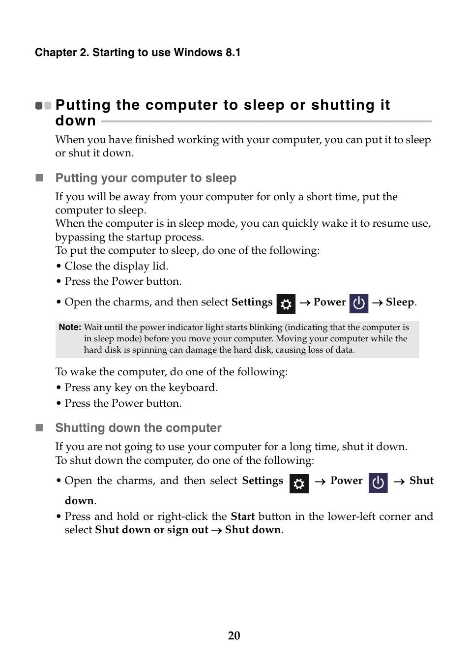 Putting the computer to sleep or shutting it down | Lenovo Y40-70 User Manual | Page 26 / 38