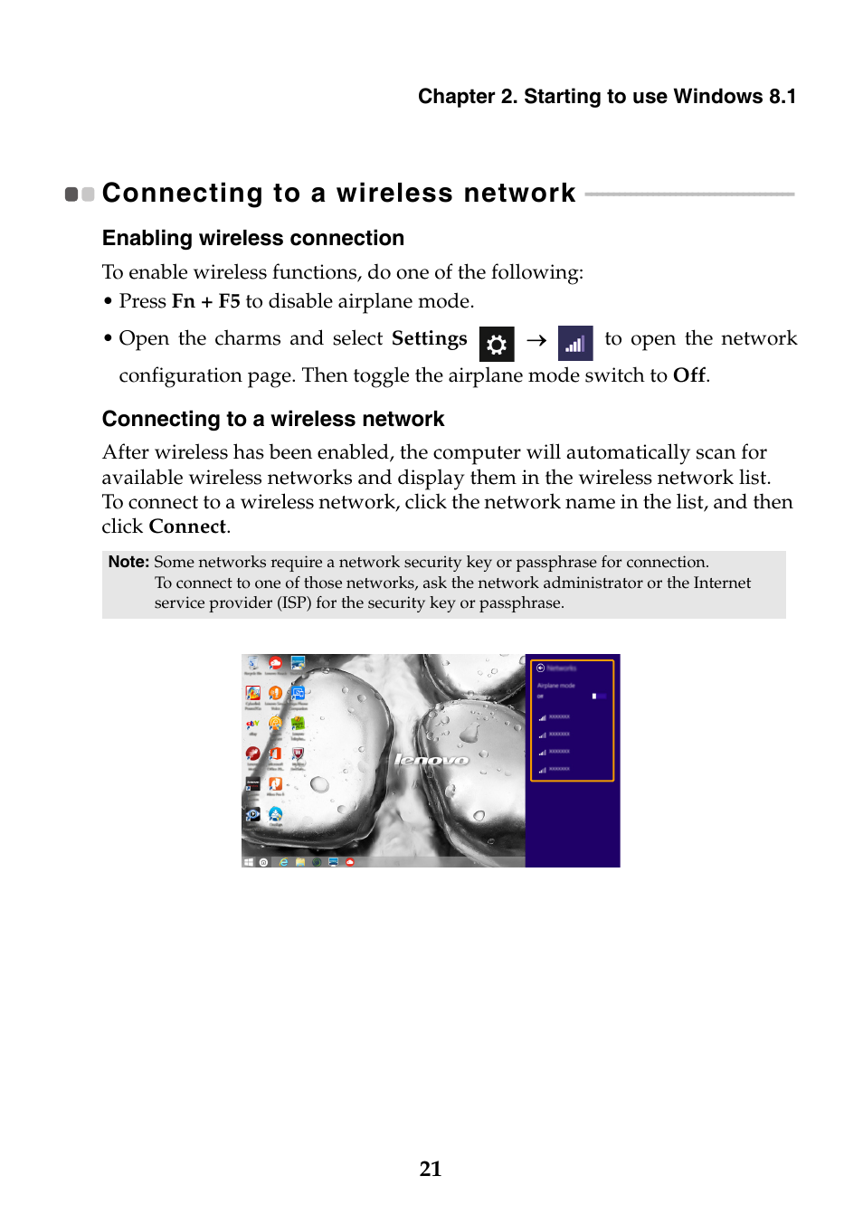 Connecting to a wireless network | Lenovo Y40-70 User Manual | Page 27 / 38