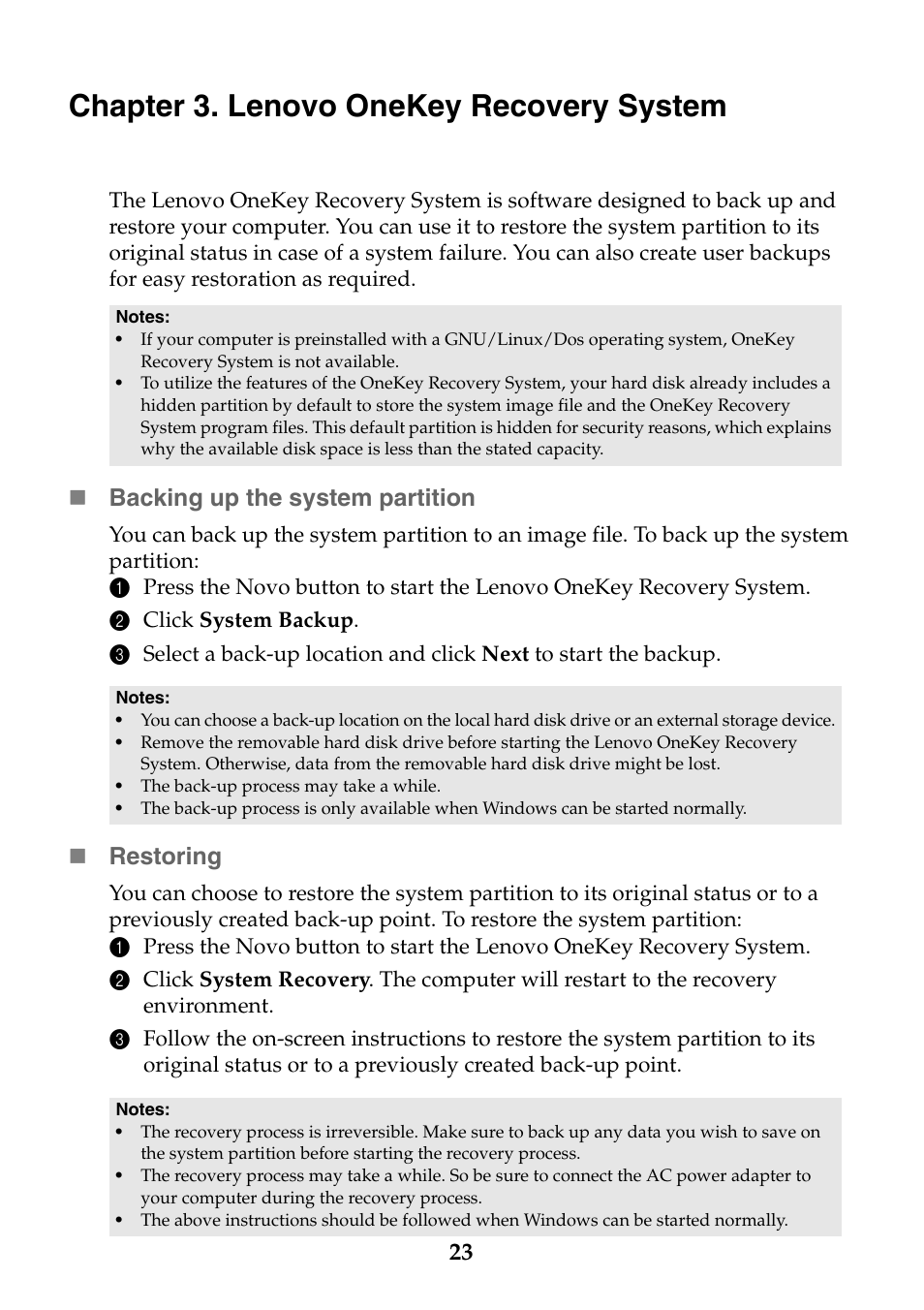 Chapter 3. lenovo onekey recovery system | Lenovo Y40-70 User Manual | Page 29 / 38