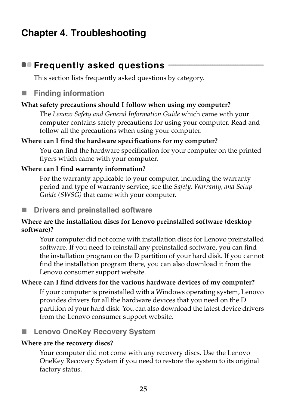 Chapter 4. troubleshooting, Frequently asked questions | Lenovo Y40-70 User Manual | Page 31 / 38