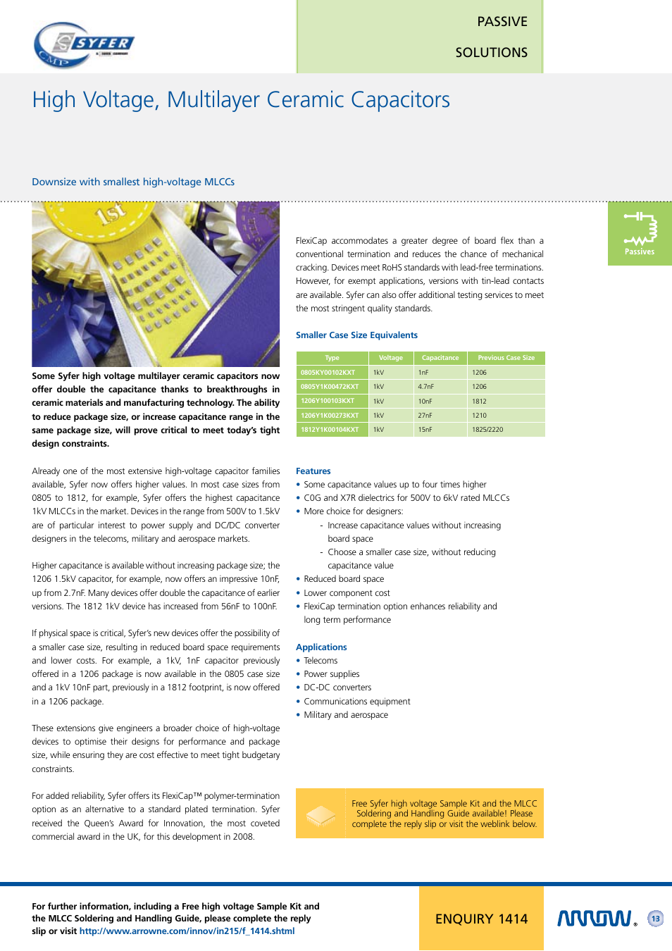 High voltage, multilayer ceramic capacitors, Passive solutions, Enquiry 1414 | Arrow Plastic 3M Network Card User Manual | Page 13 / 36