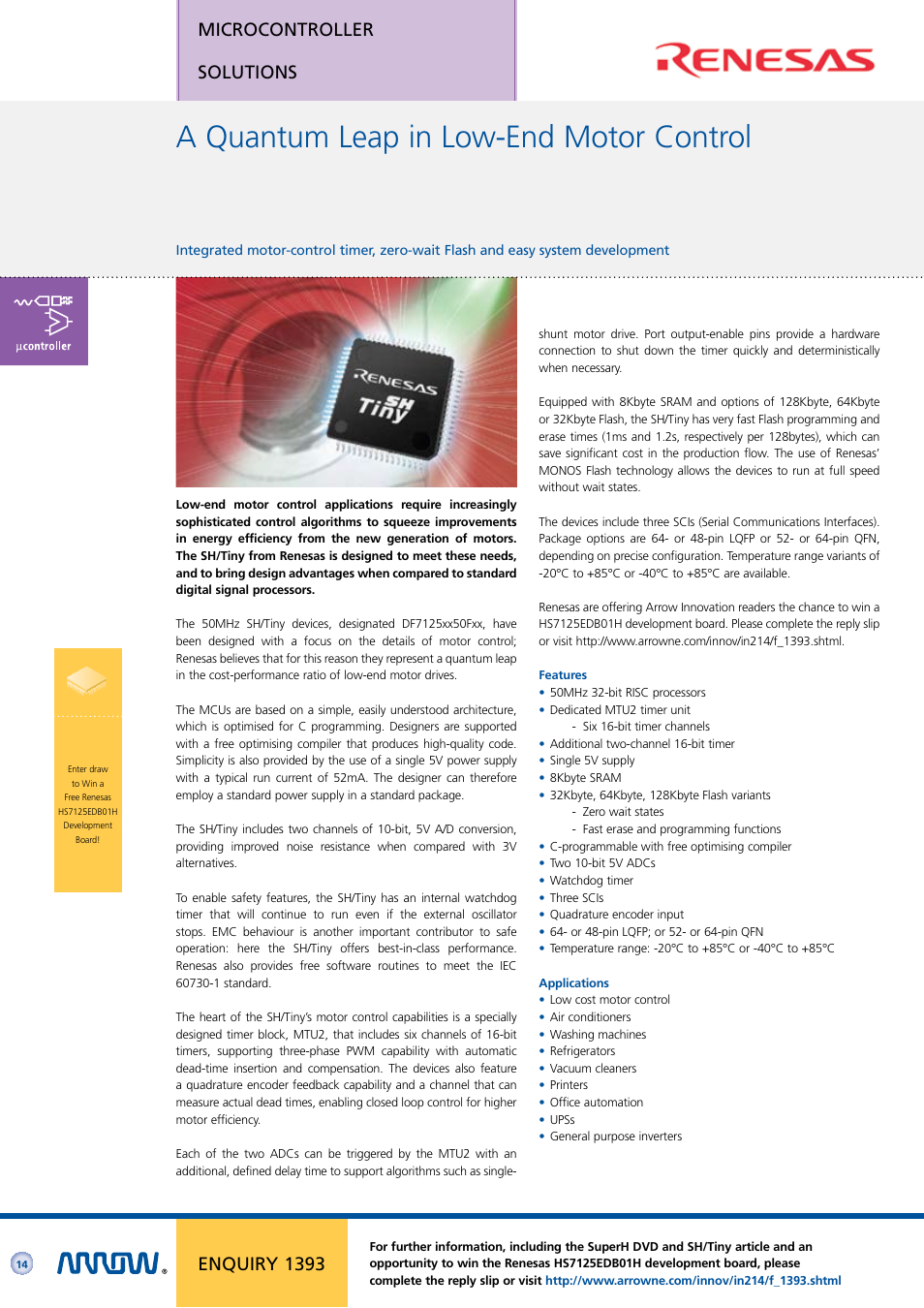 A quantum leap in low-end motor control, Microcontroller solutions, Enquiry 1393 | Arrow Plastic 3M Network Card User Manual | Page 14 / 36