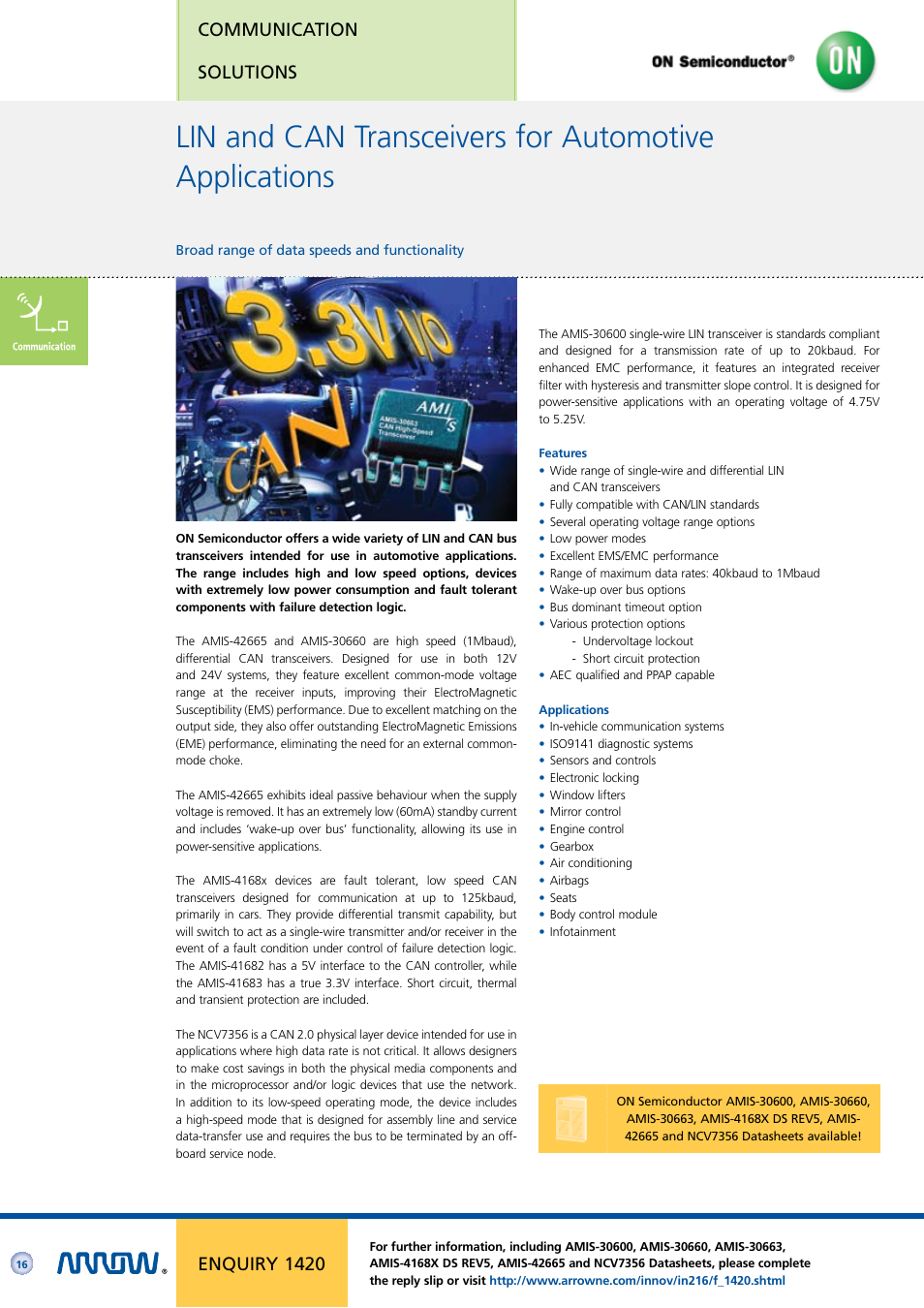 Communication solutions, Enquiry 1420 | Arrow Plastic 3M Network Card User Manual | Page 16 / 36