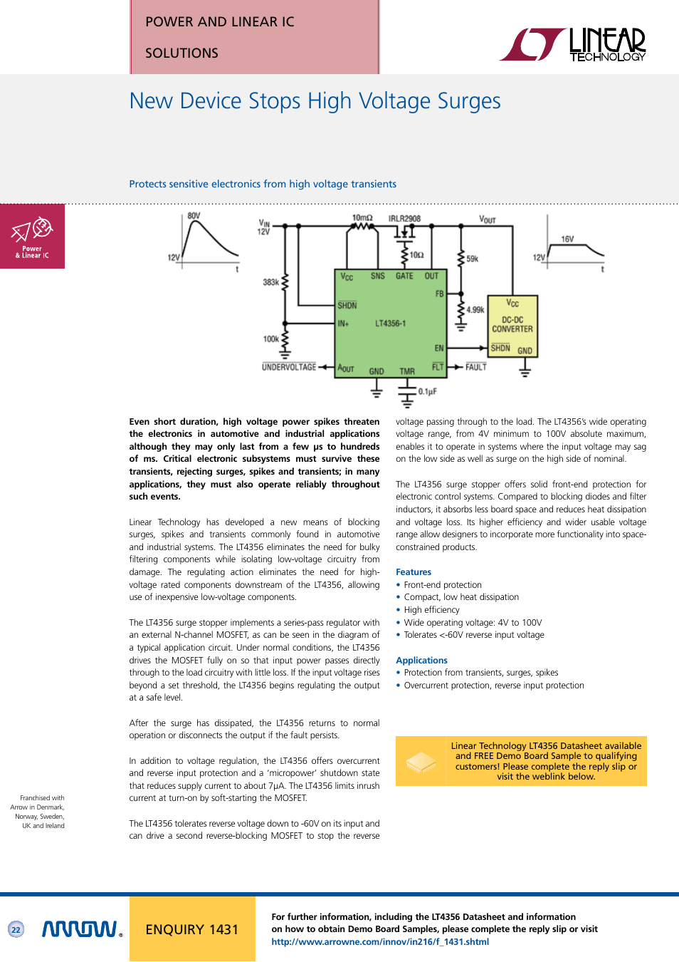 New device stops high voltage surges, Power and linear ic solutions, Enquiry 1431 | Arrow Plastic 3M Network Card User Manual | Page 22 / 36
