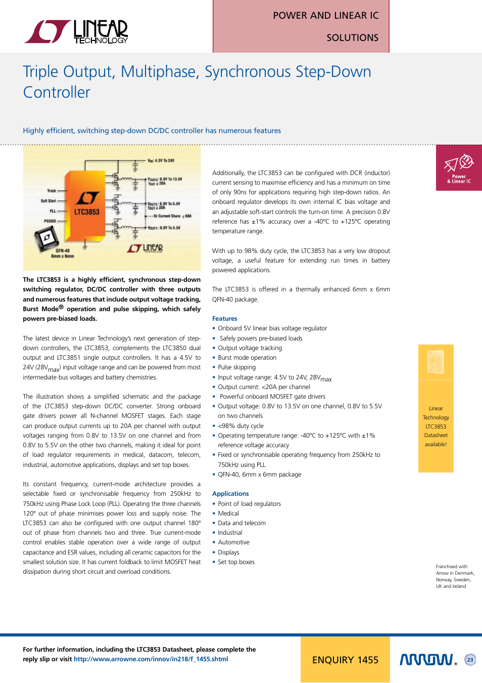 Power and linear ic solutions, Enquiry 1455 | Arrow Plastic 3M Network Card User Manual | Page 23 / 36
