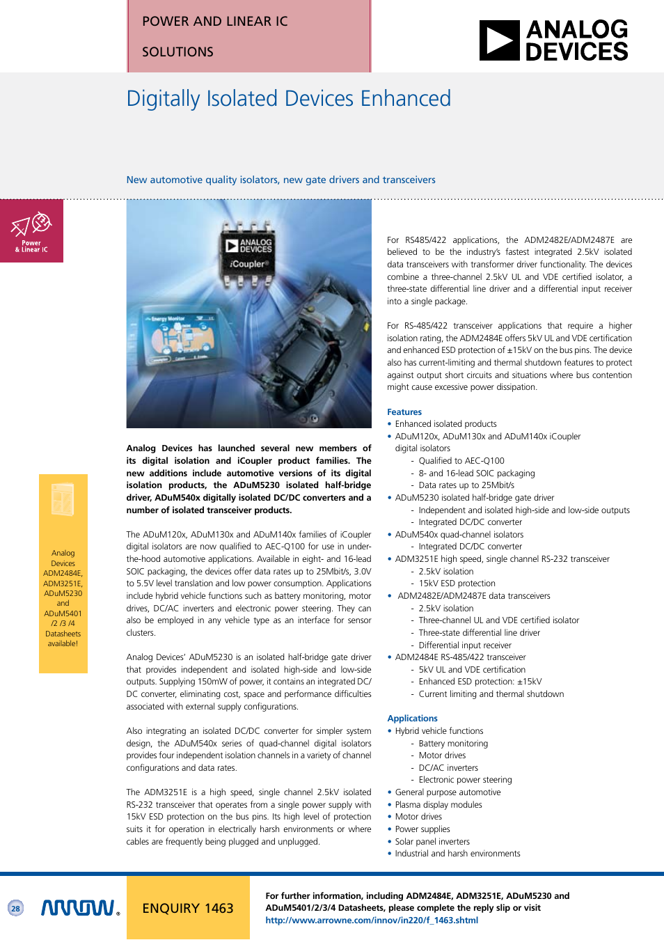 Digitally isolated devices enhanced, Power and linear ic solutions, Enquiry 1463 | Arrow Plastic 3M Network Card User Manual | Page 28 / 36