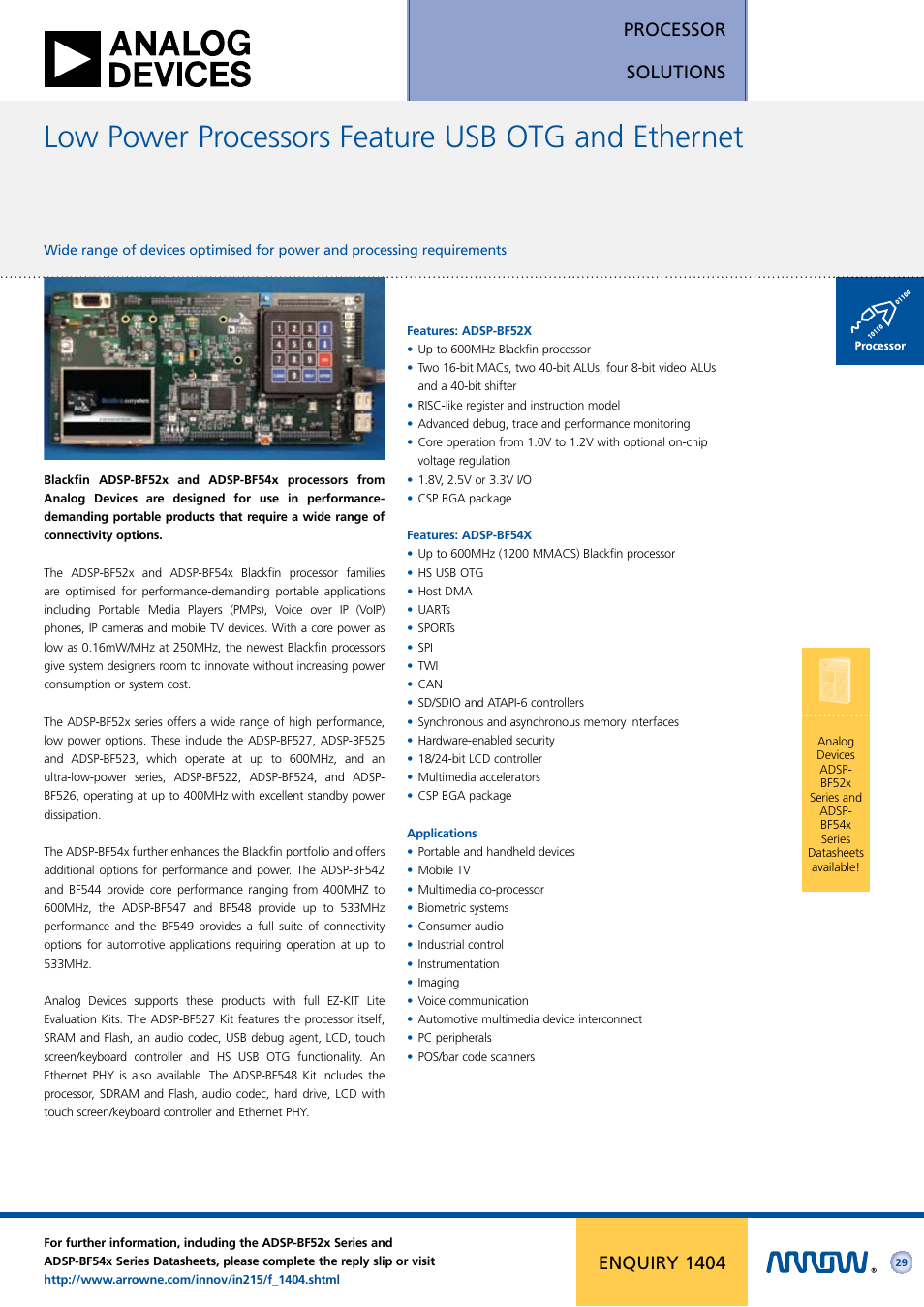 Low power processors feature usb otg and ethernet, Processor solutions, Enquiry 1404 | Arrow Plastic 3M Network Card User Manual | Page 29 / 36