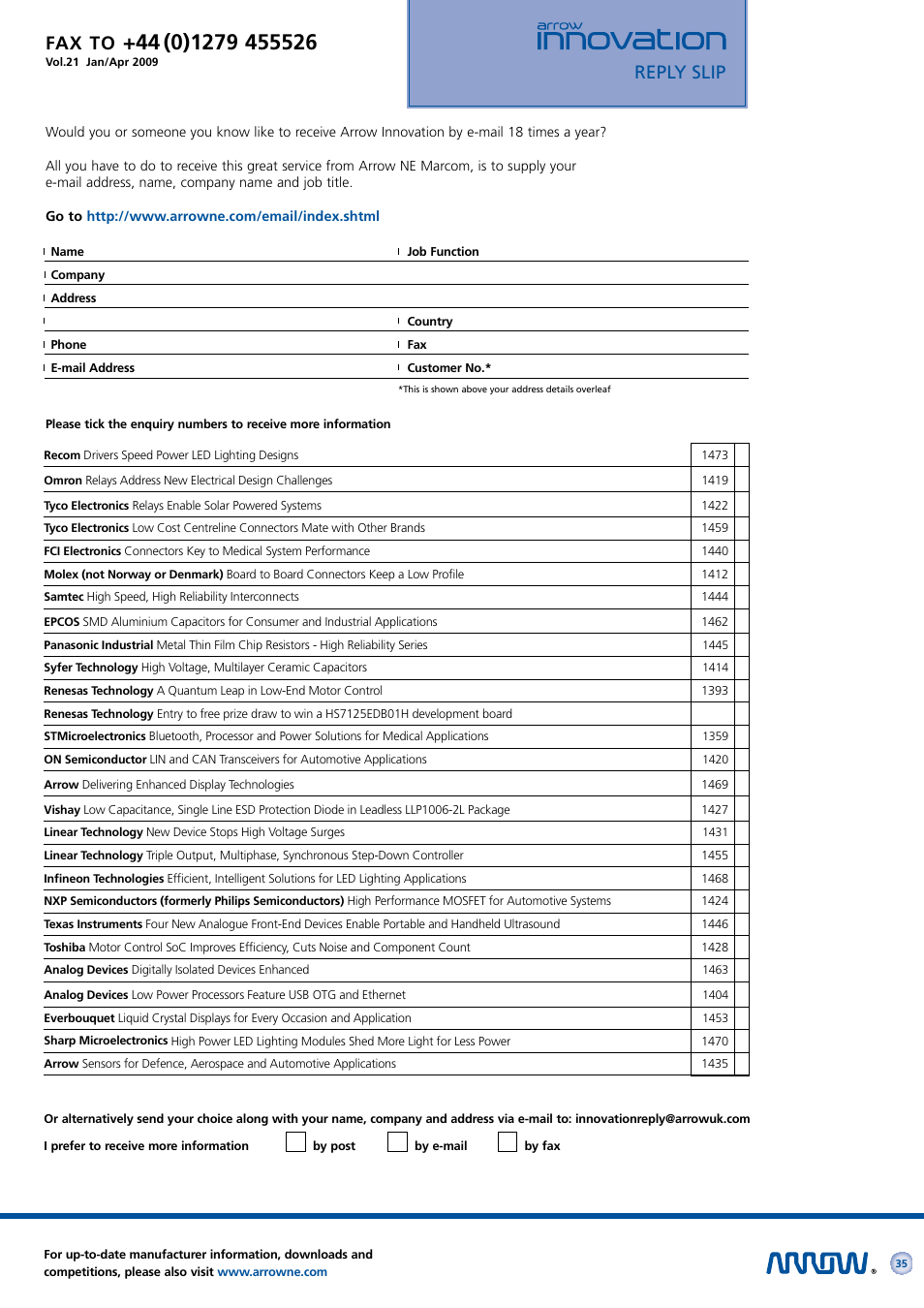 Reply slip fax to | Arrow Plastic 3M Network Card User Manual | Page 35 / 36