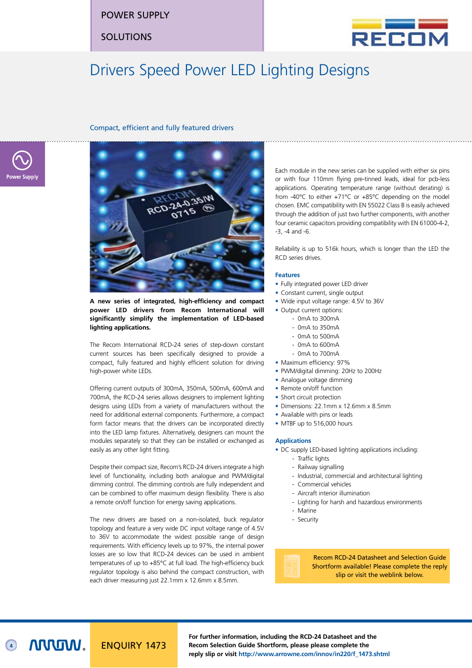 Drivers speed power led lighting designs, Power supply solutions, Enquiry 1473 | Arrow Plastic 3M Network Card User Manual | Page 4 / 36