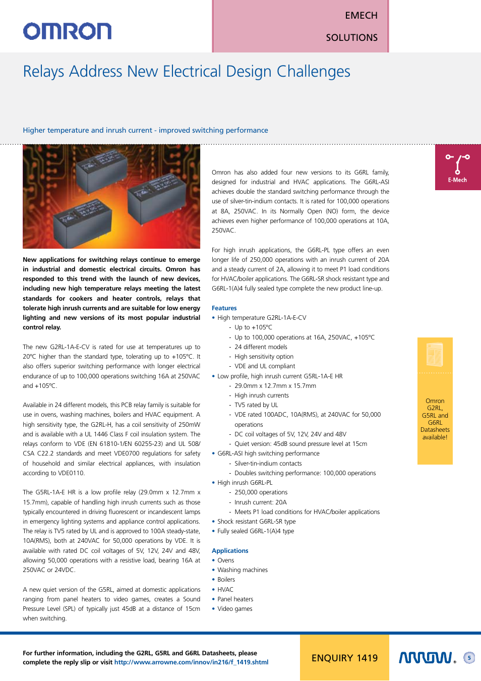 Relays address new electrical design challenges, Emech solutions, Enquiry 1419 | Arrow Plastic 3M Network Card User Manual | Page 5 / 36