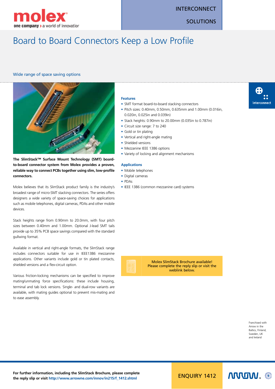 Board to board connectors keep a low profile, Interconnect solutions, Enquiry 1412 | Arrow Plastic 3M Network Card User Manual | Page 9 / 36