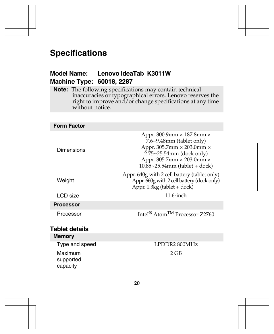 Specifications | Lenovo IdeaTab Lynx K3011W User Manual | Page 20 / 24