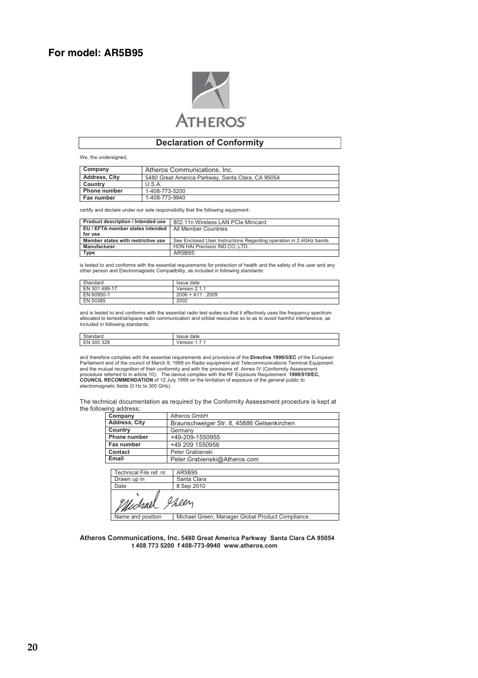 Declaration of conformity | Lenovo IdeaPad U310 User Manual | Page 20 / 39