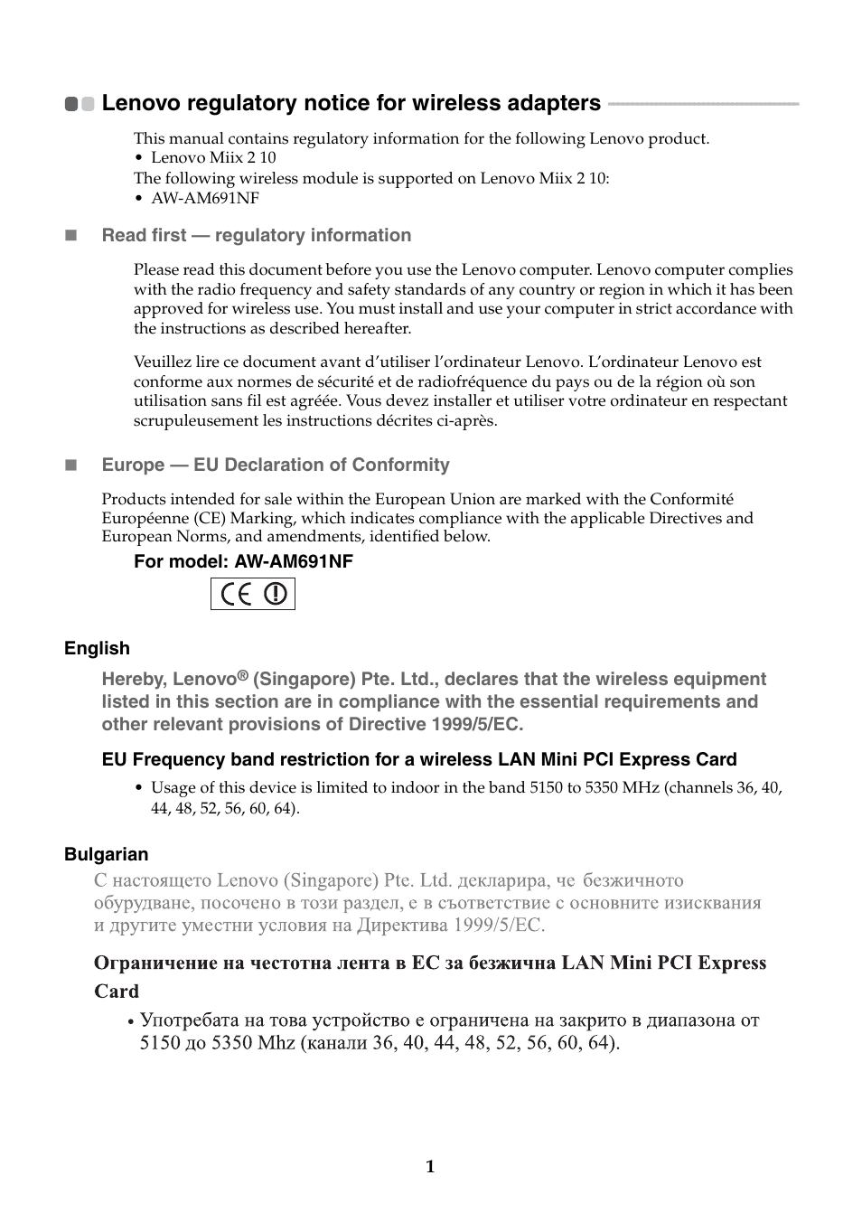 Lenovo regulatory notice for wireless adapters | Lenovo Miix 2 10 Tablet Lenovo User Manual | Page 2 / 11