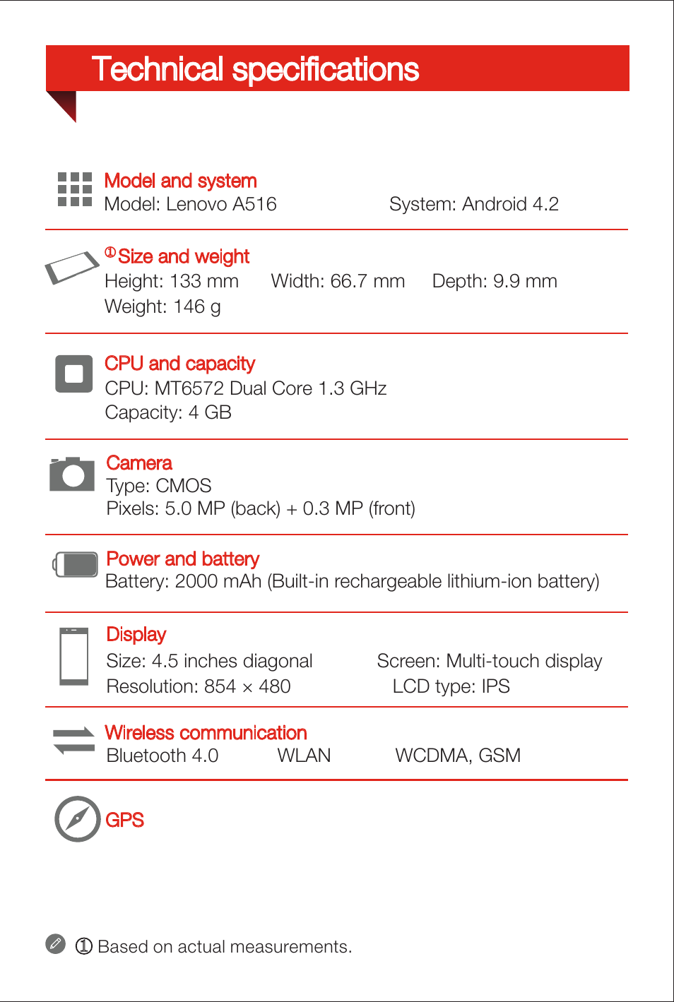 Technical specifications | Lenovo A516 Smartphone User Manual | Page 2 / 6