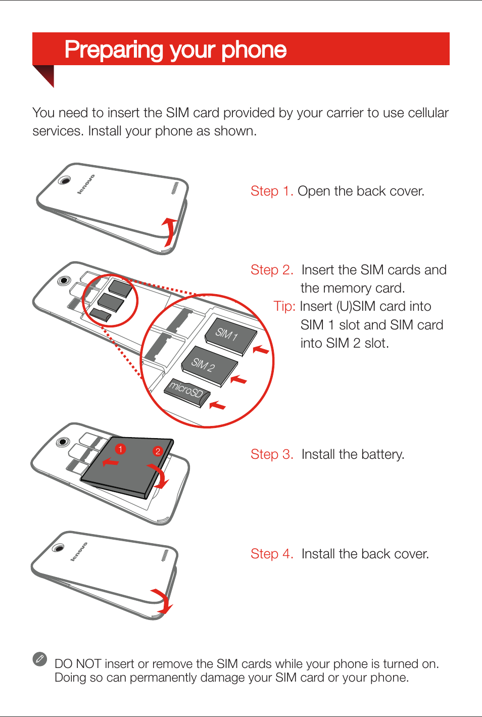 Preparing your phone | Lenovo A516 Smartphone User Manual | Page 4 / 6