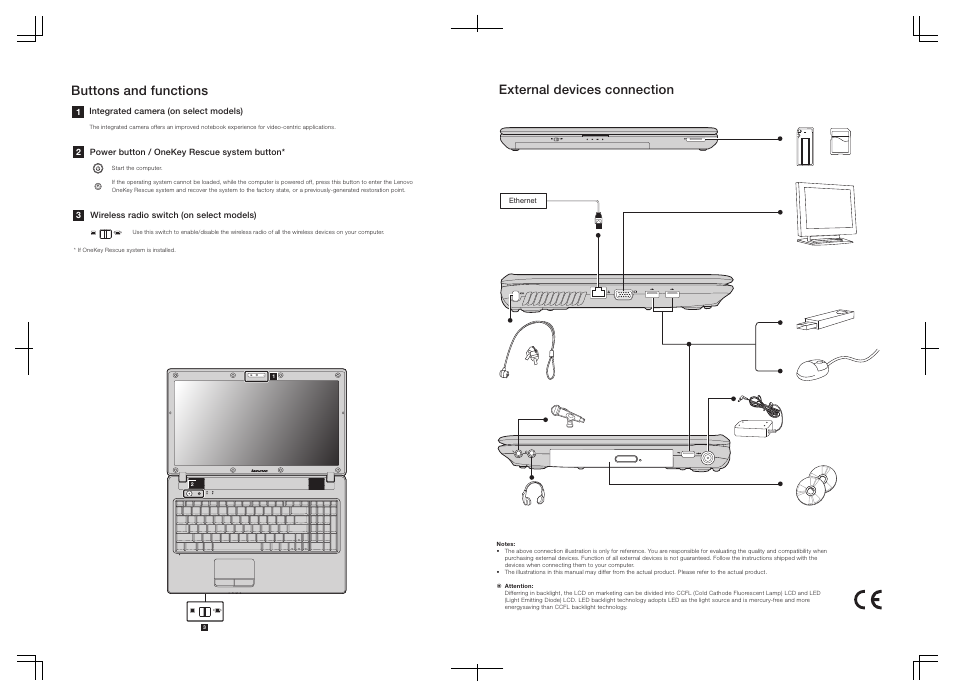 Buttons and functions external devices connection | Lenovo G460e Notebook User Manual | Page 2 / 2