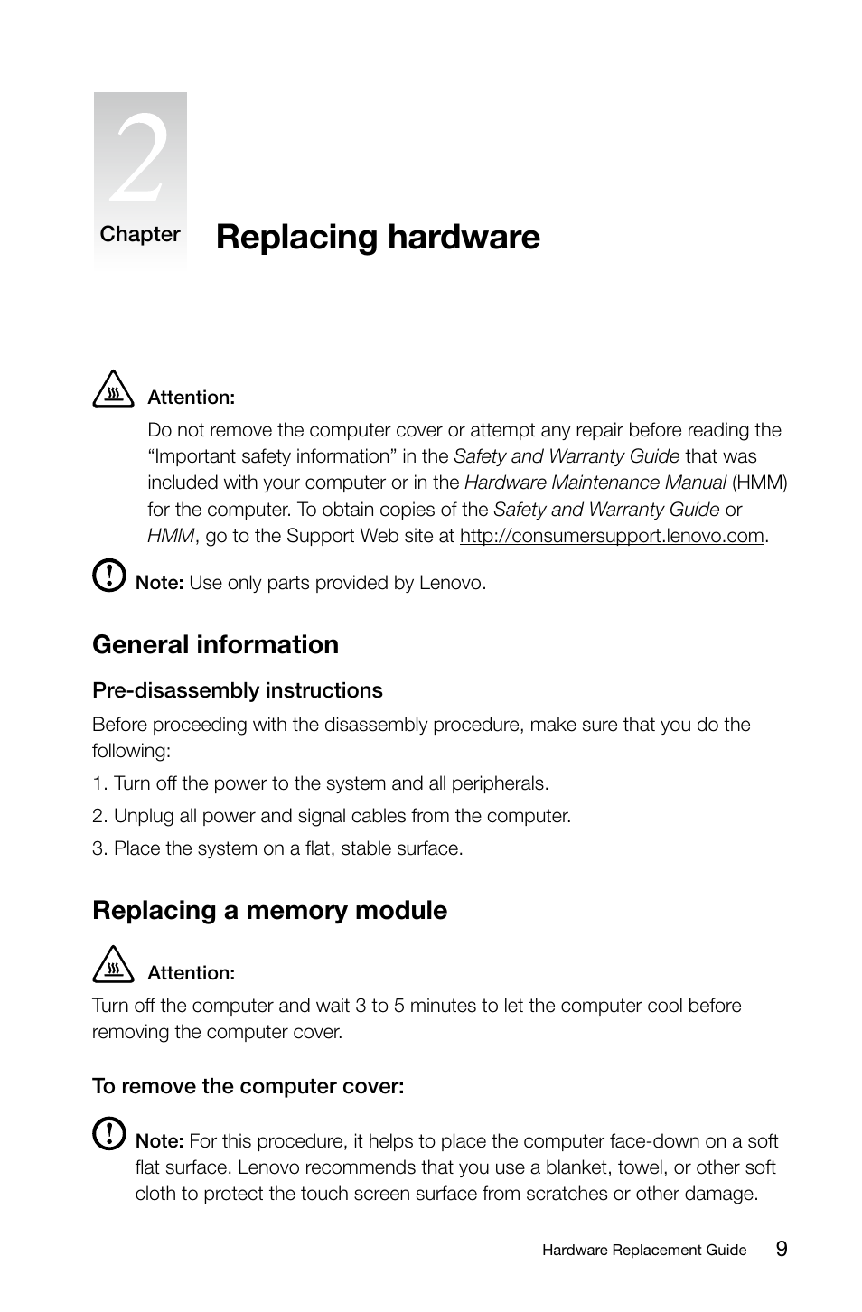 Replacing hardware, General information, Replacing a memory module | Lenovo C315 All-In-One User Manual | Page 12 / 19