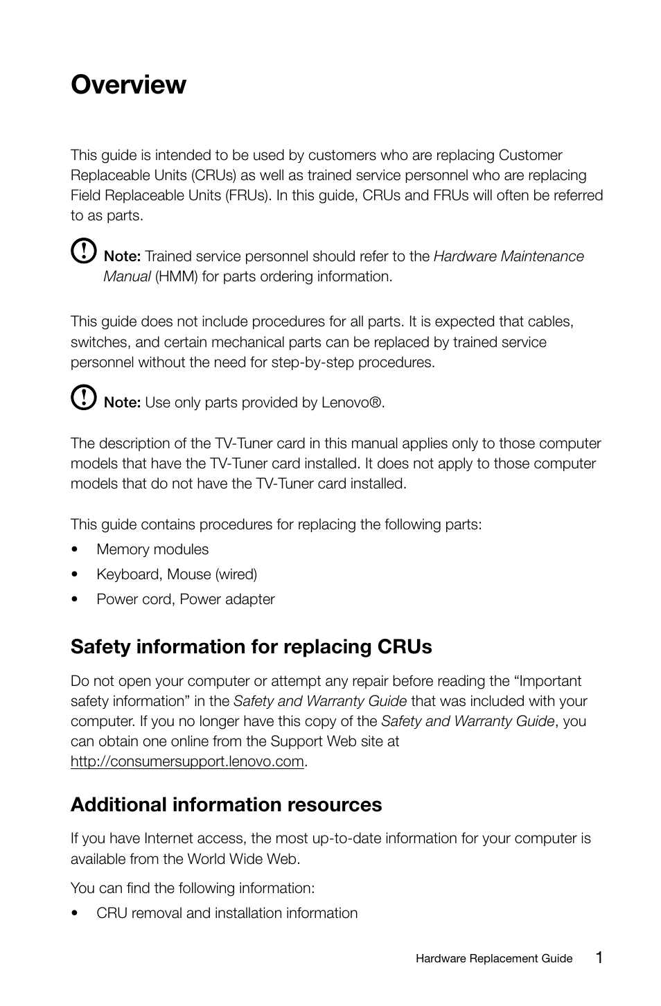 Overview, Safety information for replacing crus, Additional information resources | Lenovo C315 All-In-One User Manual | Page 4 / 19