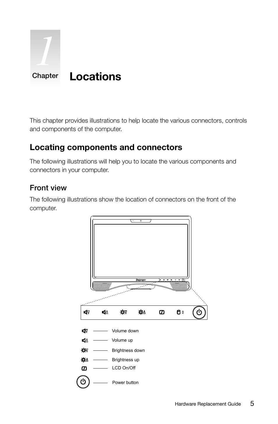 Locations, Locating components and connectors, Front view | Lenovo C315 All-In-One User Manual | Page 8 / 19