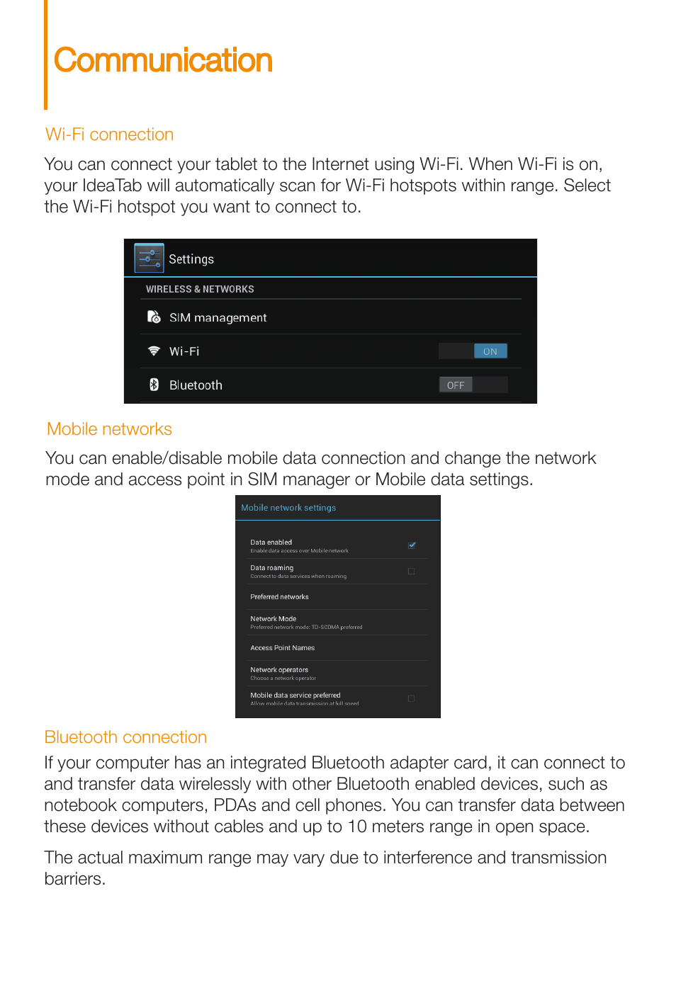 Communication | Lenovo A3000 Tablet User Manual | Page 11 / 14