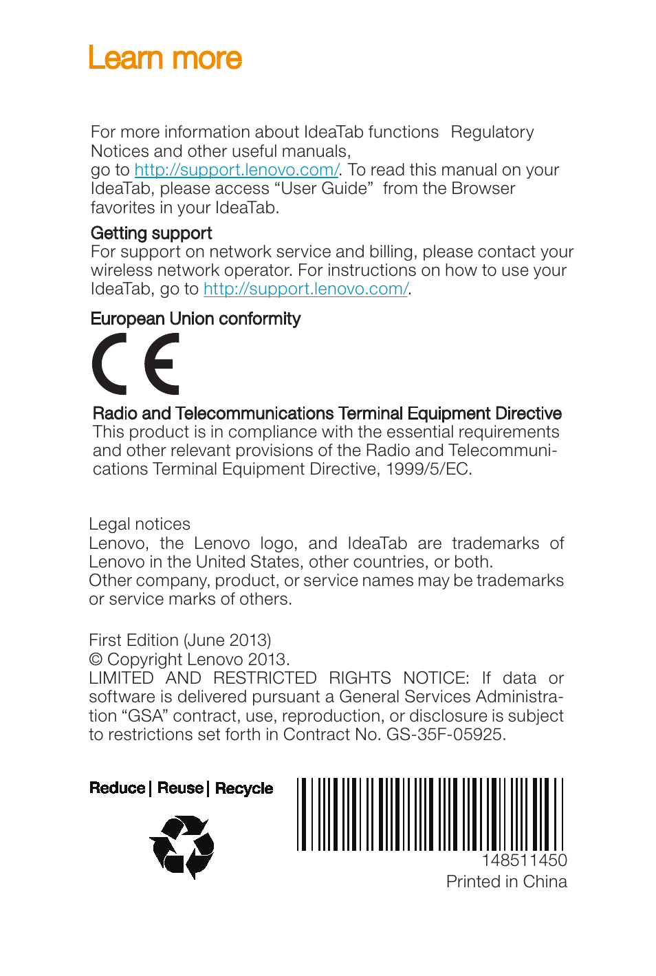 Learn more | Lenovo A3000 Tablet User Manual | Page 14 / 14