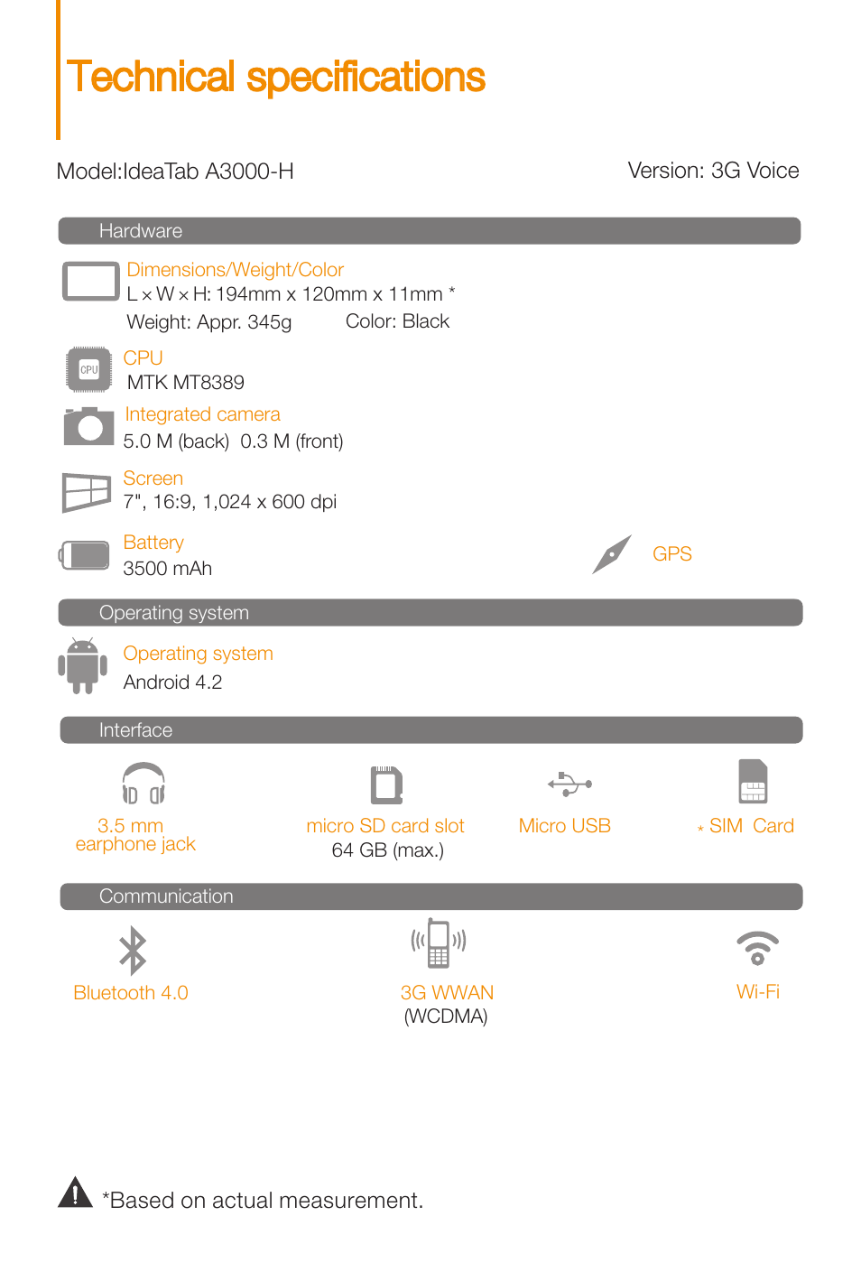 Technical specifications | Lenovo A3000 Tablet User Manual | Page 4 / 14