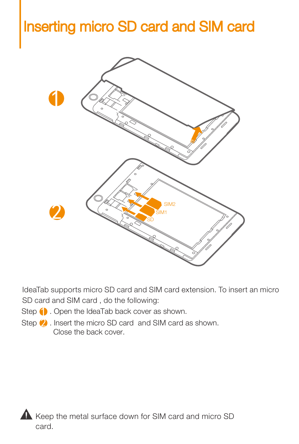 Inserting micro sd card and sim card | Lenovo A3000 Tablet User Manual | Page 6 / 14