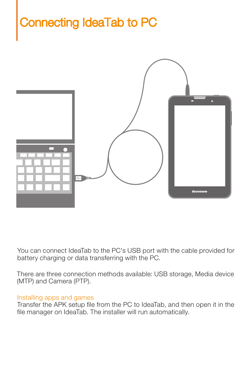 Connecting ideatab to pc | Lenovo A3000 Tablet User Manual | Page 7 / 14