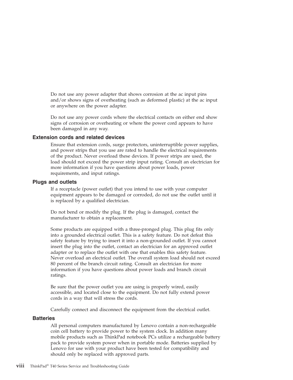 Extension cords and related devices, Plugs and outlets, Batteries | Extension, Cords, Related, Devices, Viii, Plugs, Outlets | Lenovo ThinkPad T43p User Manual | Page 10 / 112