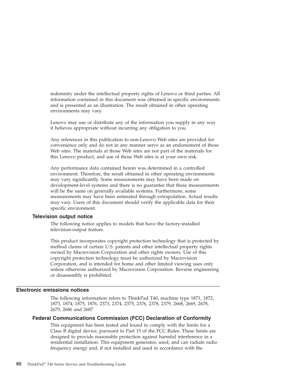 Television output notice, Electronic emissions notices, Television | Output, Notice, Electronic, Emissions, Notices, Federal, Communications | Lenovo ThinkPad T43p User Manual | Page 102 / 112