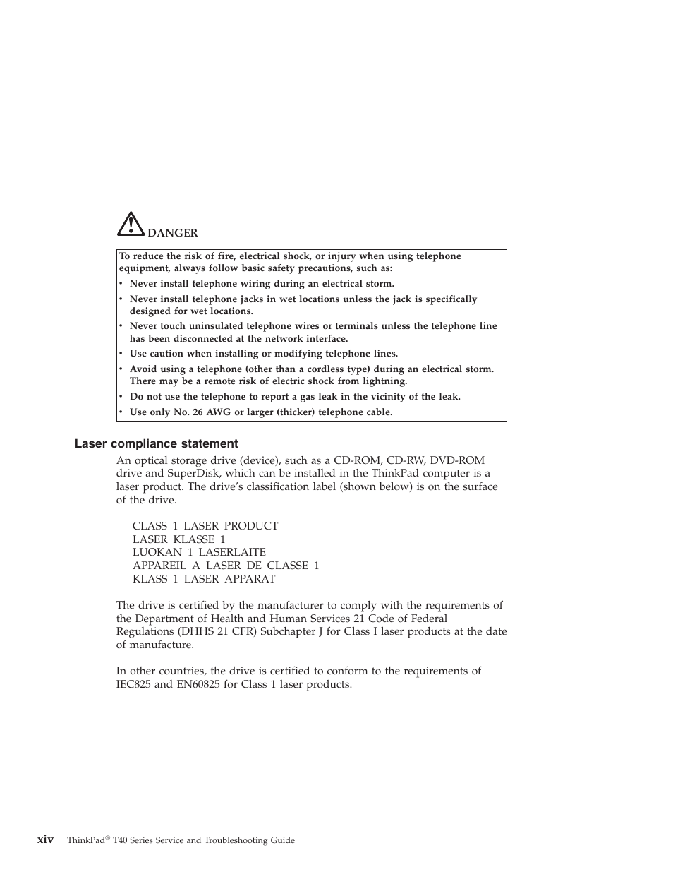 Laser compliance statement, Laser, Compliance | Statement | Lenovo ThinkPad T43p User Manual | Page 16 / 112