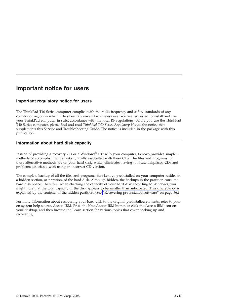 Important notice for users, Important regulatory notice for users, Information about hard disk capacity | Important, Notice, Users, Xvii, Regulatory, Information, About | Lenovo ThinkPad T43p User Manual | Page 19 / 112
