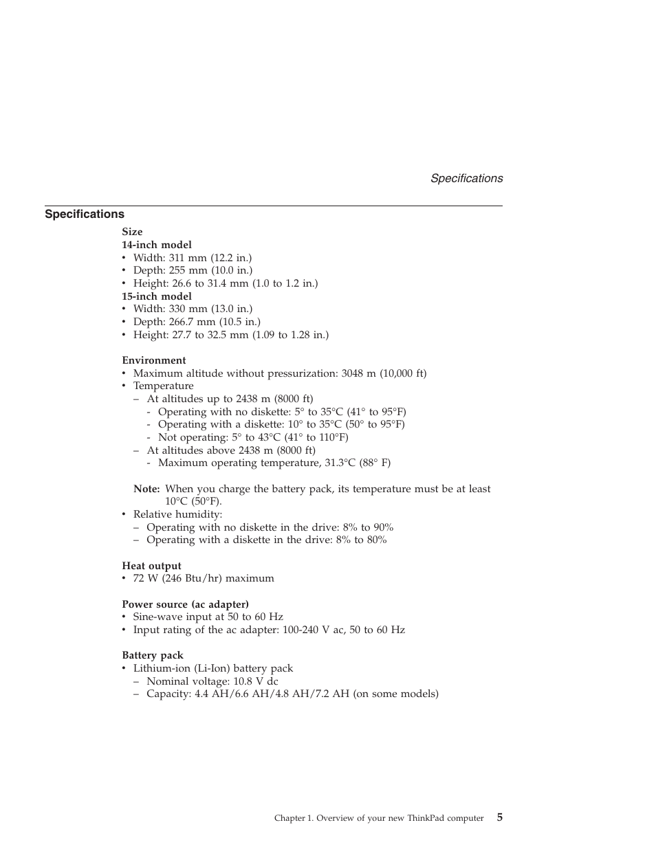 Specifications | Lenovo ThinkPad T43p User Manual | Page 27 / 112