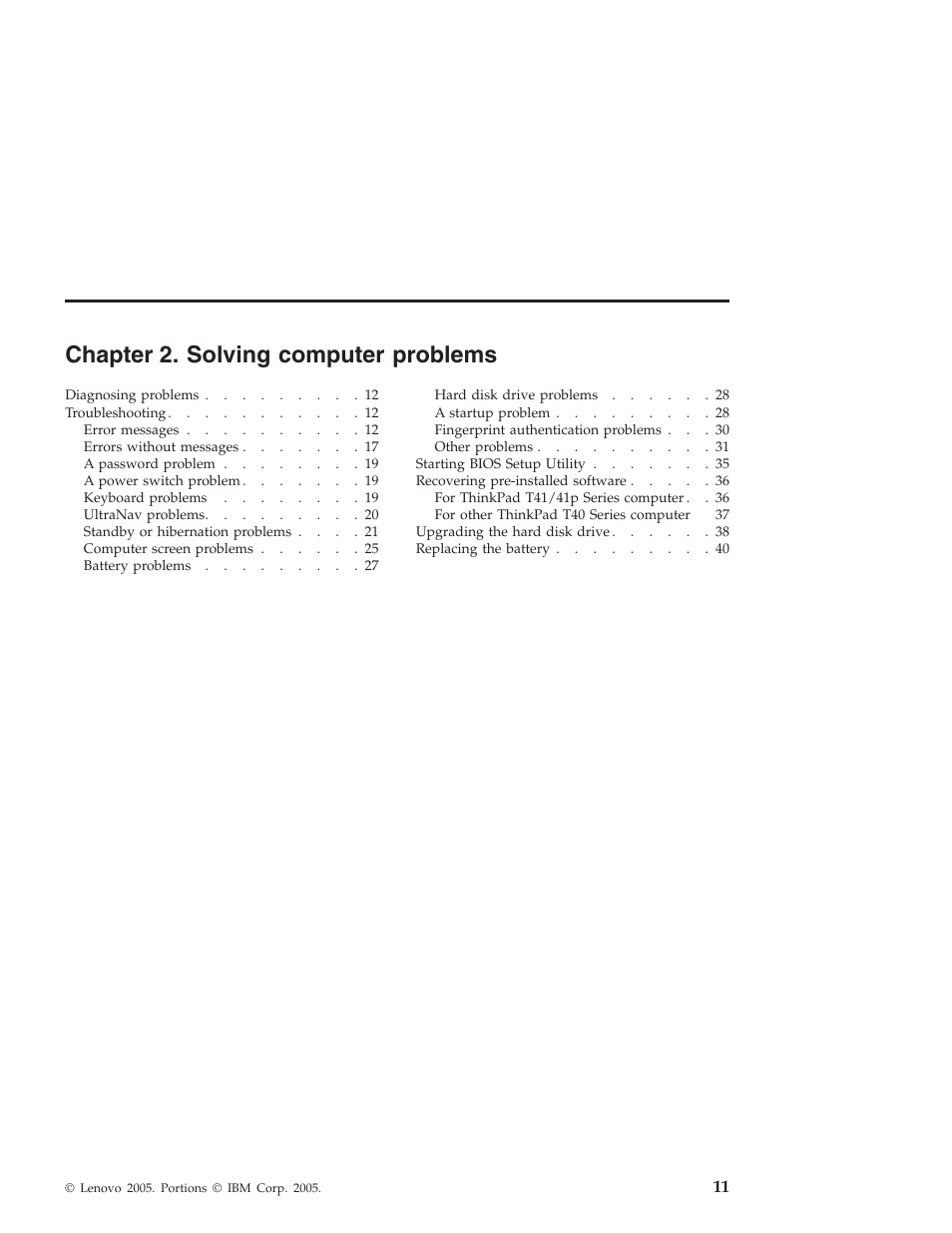 Chapter 2. solving computer problems, Chapter, Solving | Computer, Problems | Lenovo ThinkPad T43p User Manual | Page 33 / 112