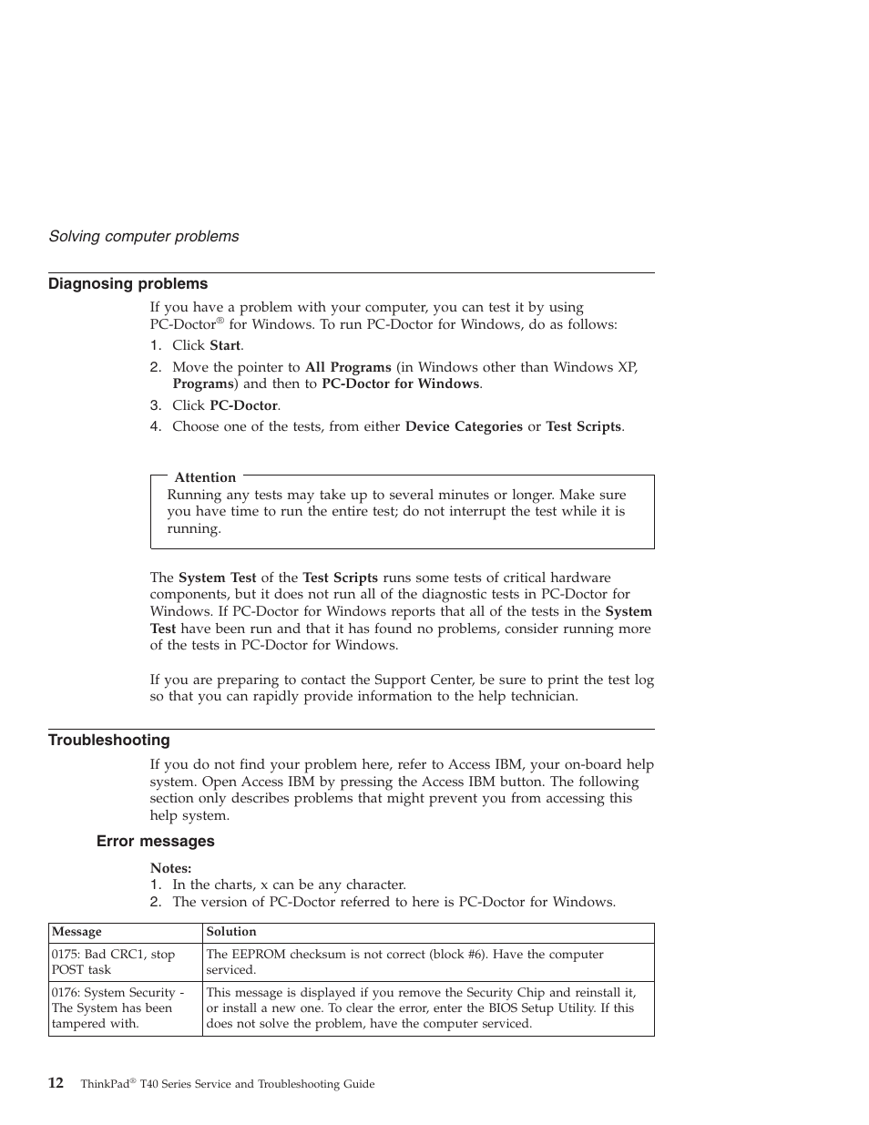 Diagnosing problems, Troubleshooting, Error messages | Diagnosing, Problems, Error, Messages | Lenovo ThinkPad T43p User Manual | Page 34 / 112