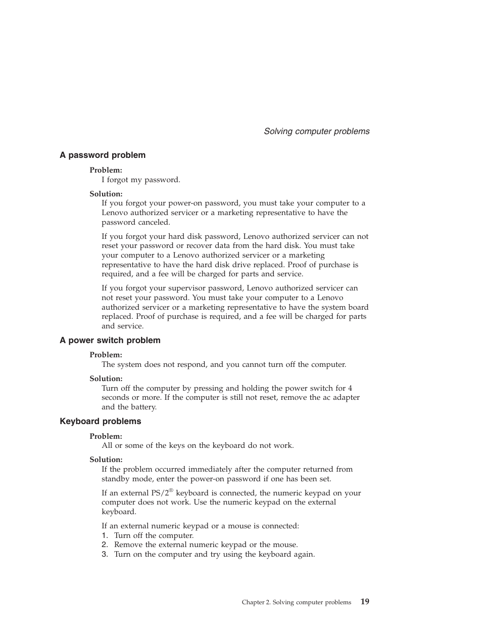 A password problem, A power switch problem, Keyboard problems | Password, Problem, Power, Switch, Keyboard, Problems | Lenovo ThinkPad T43p User Manual | Page 41 / 112