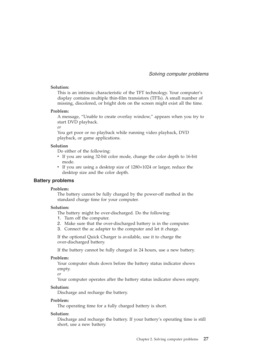Battery problems, Battery, Problems | Lenovo ThinkPad T43p User Manual | Page 49 / 112