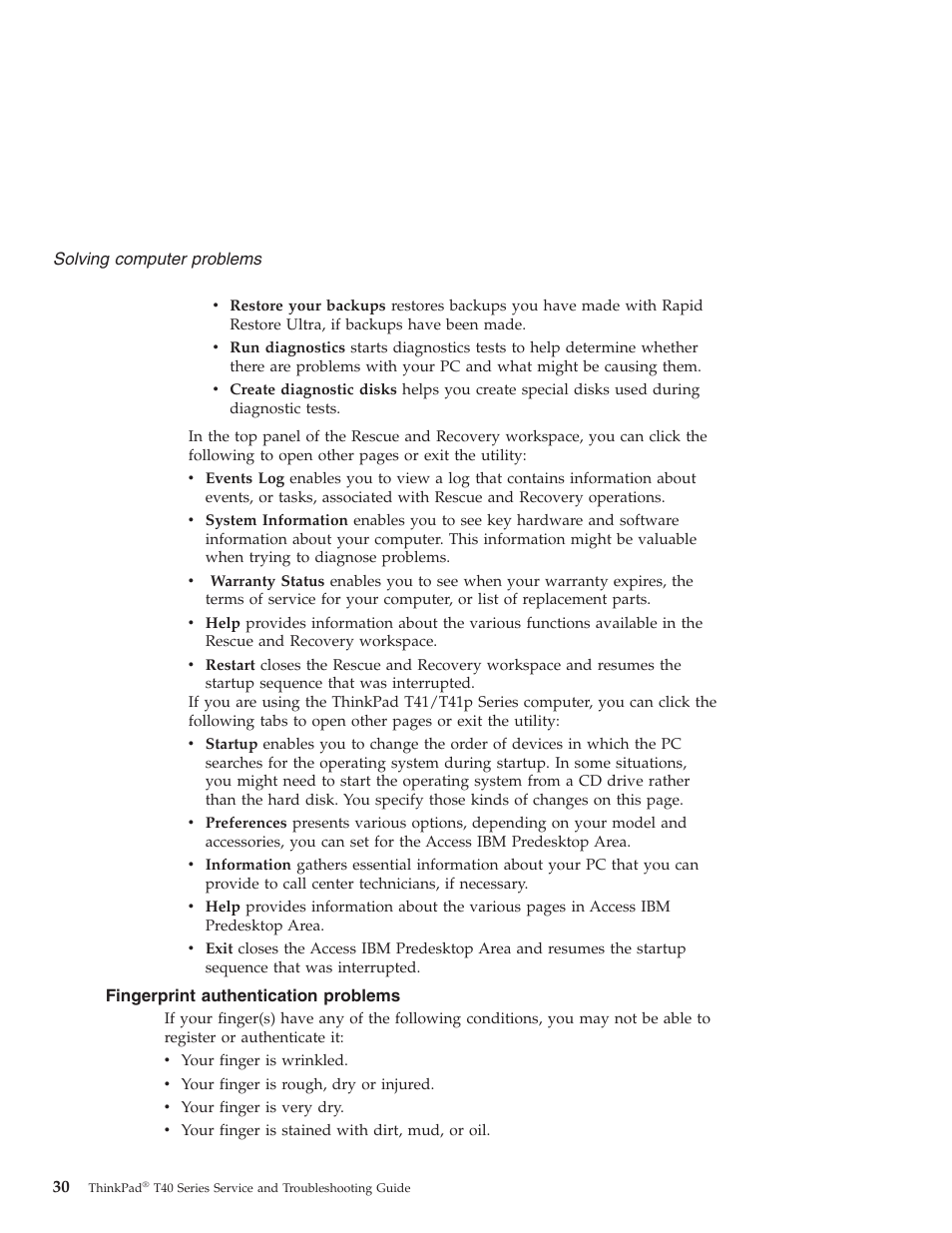 Fingerprint authentication problems, Fingerprint, Authentication | Problems | Lenovo ThinkPad T43p User Manual | Page 52 / 112